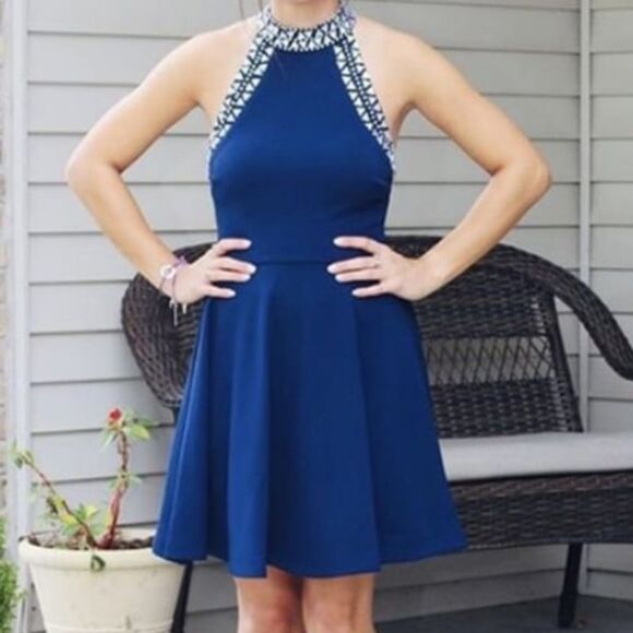 B Darlin Blue Fit & Flare Jeweled Halter Dress Size 23 EUC P2P 21 in - Picture 1 of 7
